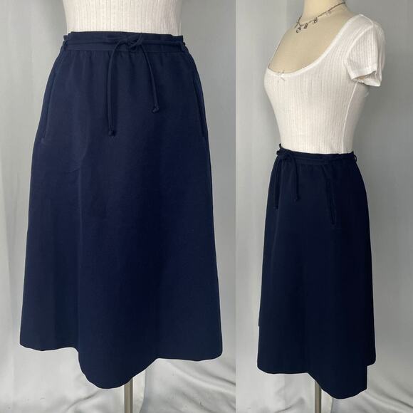 Vintage A Line Midi Skirt Size 14 Navy Blue Belted High Rise Retro Preppy 80s - Picture 1 of 15